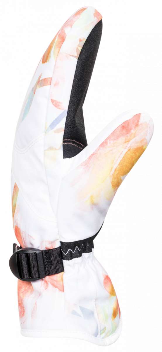 Roxy Women's Jetty Mitten 2023 - A white mitten with a watercolor-style floral pattern in shades of pink, yellow, and orange.