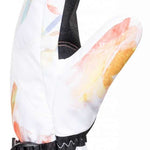 Roxy Women's Jetty Mitten 2023 - A white mitten with a watercolor-style floral pattern in shades of pink, yellow, and orange.