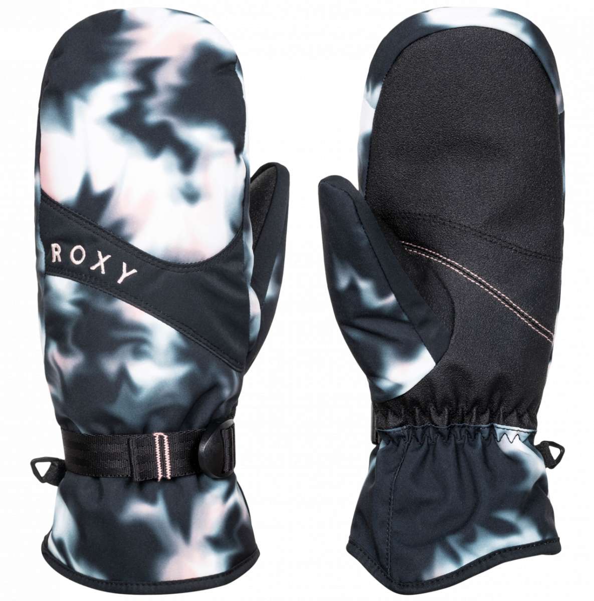 Roxy Women's Jetty Mitten 2023 - A black and white mitten with a tie-dye pattern on the palm side, featuring a strap closure at the wrist.