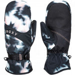Roxy Women's Jetty Mitten 2023 - A black and white mitten with a tie-dye pattern on the palm side, featuring a strap closure at the wrist.