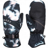 Roxy Women's Jetty Mitten 2023 - A black and white mitten with a tie-dye pattern on the palm side, featuring a strap closure at the wrist.