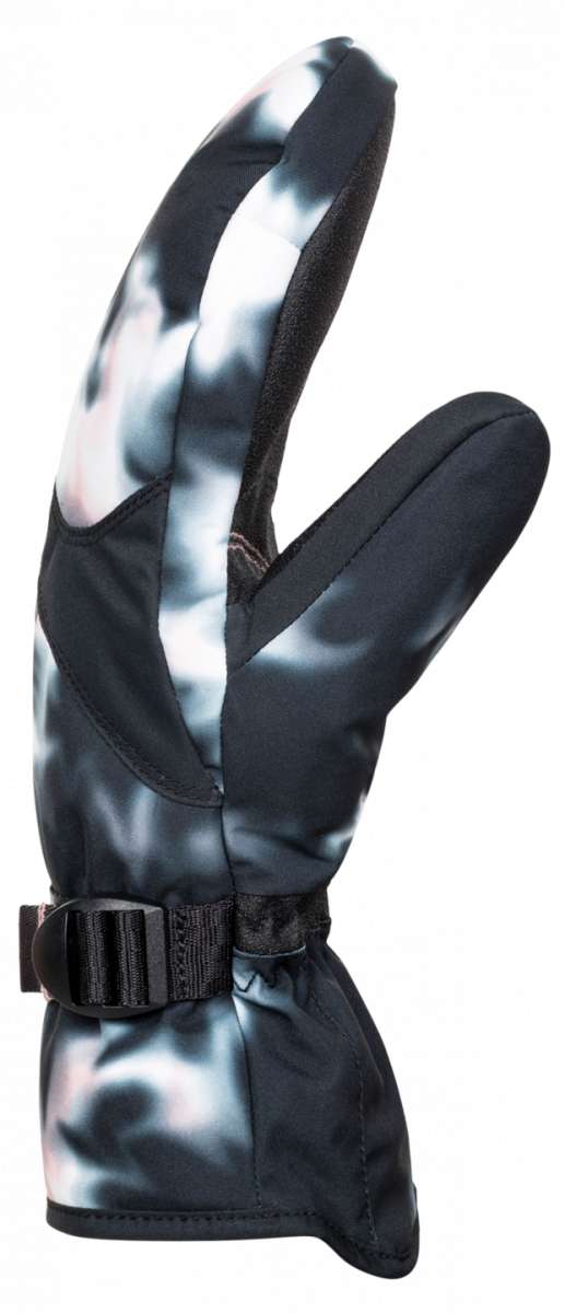 Roxy Women's Jetty Mitten 2023 - A black mitten with a white and grey tie-dye pattern on the palm side of the thumb.