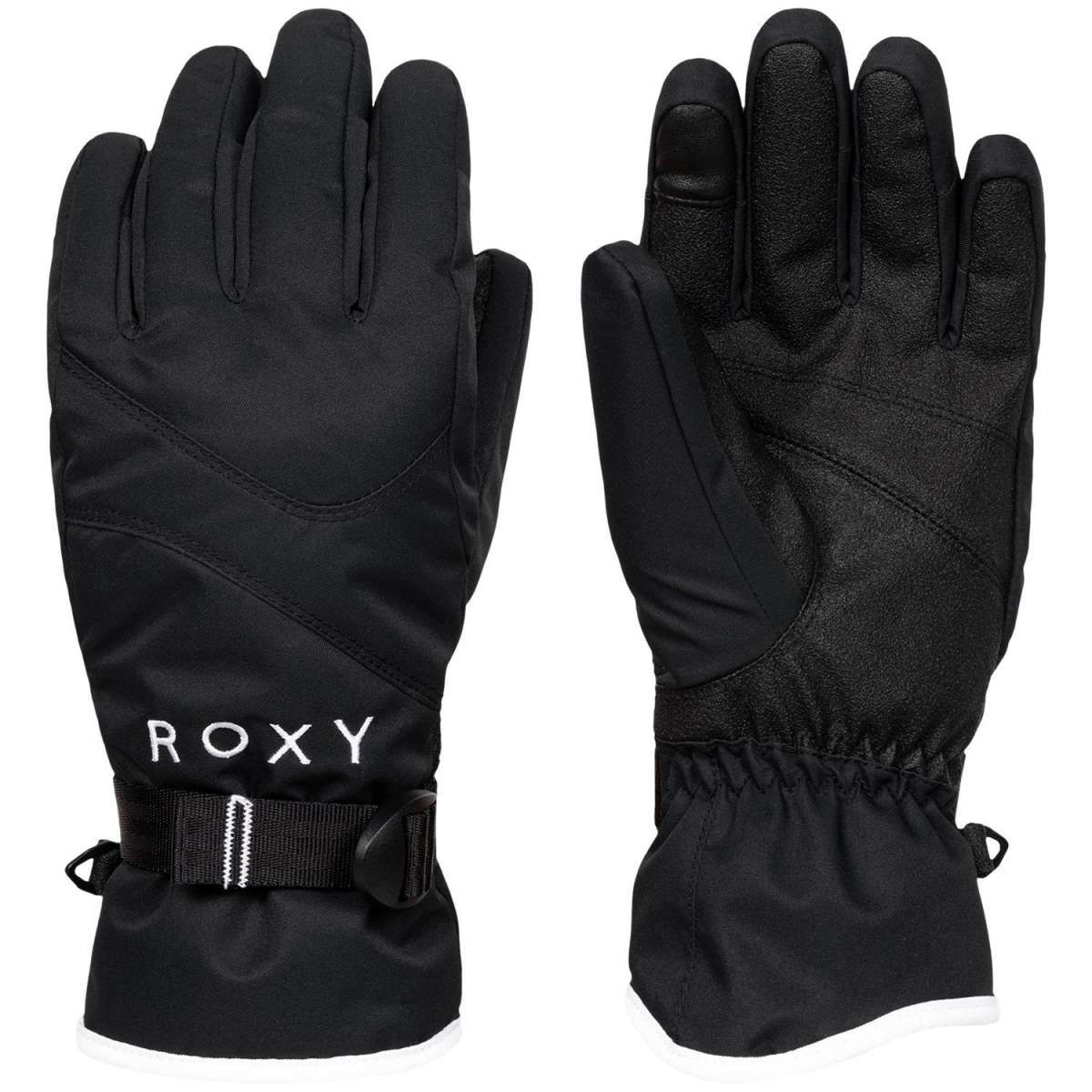 Roxy Women's Jetty Solid Gloves 2024 - A pair of black gloves with a solid pattern, featuring a strap at the wrist and a white logo on the cuff.