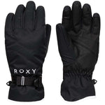 Roxy Women's Jetty Solid Gloves 2024 - A pair of black gloves with a solid pattern, featuring a strap at the wrist and a white logo on the cuff.
