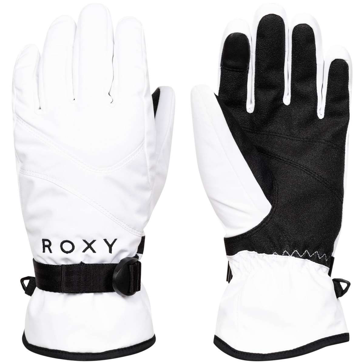 Roxy Women's Jetty Solid Gloves 2024 - A pair of white gloves with a black strap and buckle on the wrist.