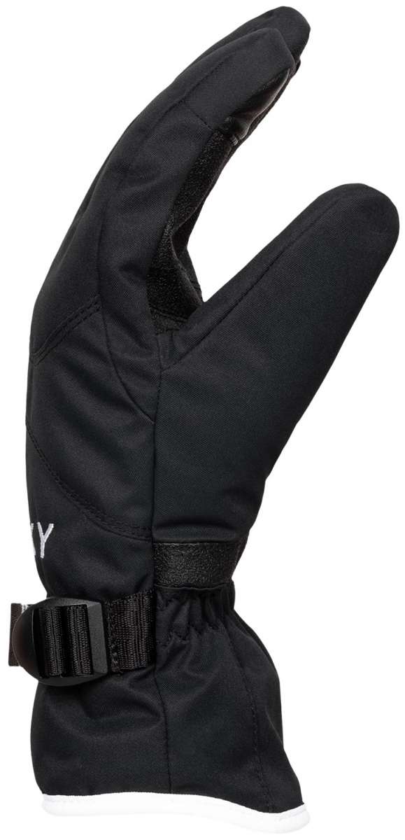 Roxy Women's Jetty Solid Gloves 2024 - A pair of black gloves with a solid pattern, featuring a strap on the wrist and a white logo on the back.