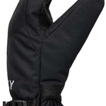 Roxy Women's Jetty Solid Gloves 2024 - A pair of black gloves with a solid pattern, featuring a strap on the wrist and a white logo on the back.