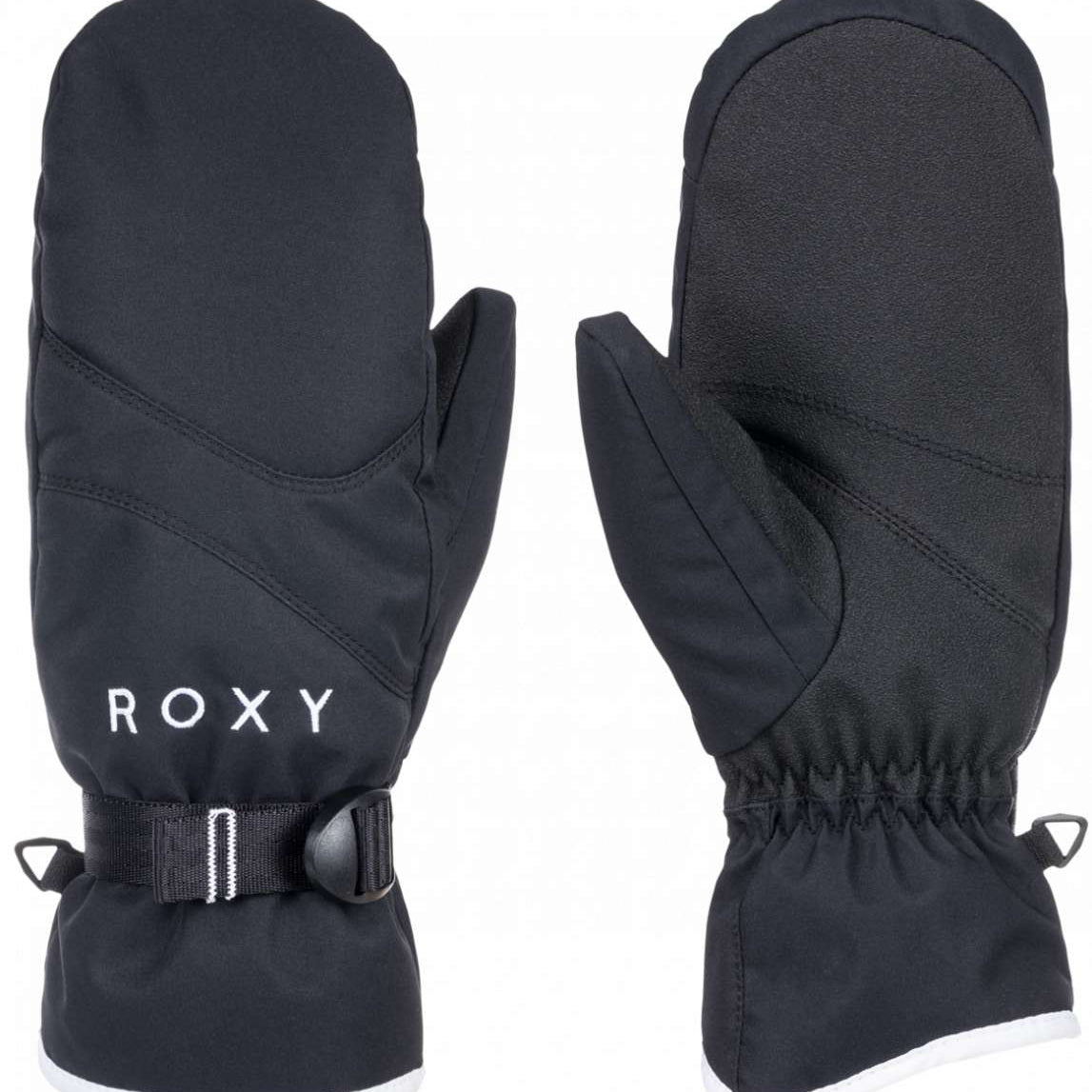 Roxy Women's Jetty Solid Mitten - A solid black mitten with a white logo on the back of one hand.