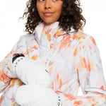 Roxy Women's Jetty Solid Mitten - A pair of white mittens with a black strap and snap closure on the wrist.