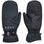 Roxy Women's Jetty Solid Mittens - A pair of black mittens with a solid pattern, featuring a strap closure and a white trim at the cuff.