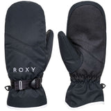 Roxy Women's Jetty Solid Mittens - A pair of black mittens with a solid pattern, featuring a strap closure and a white trim at the cuff.