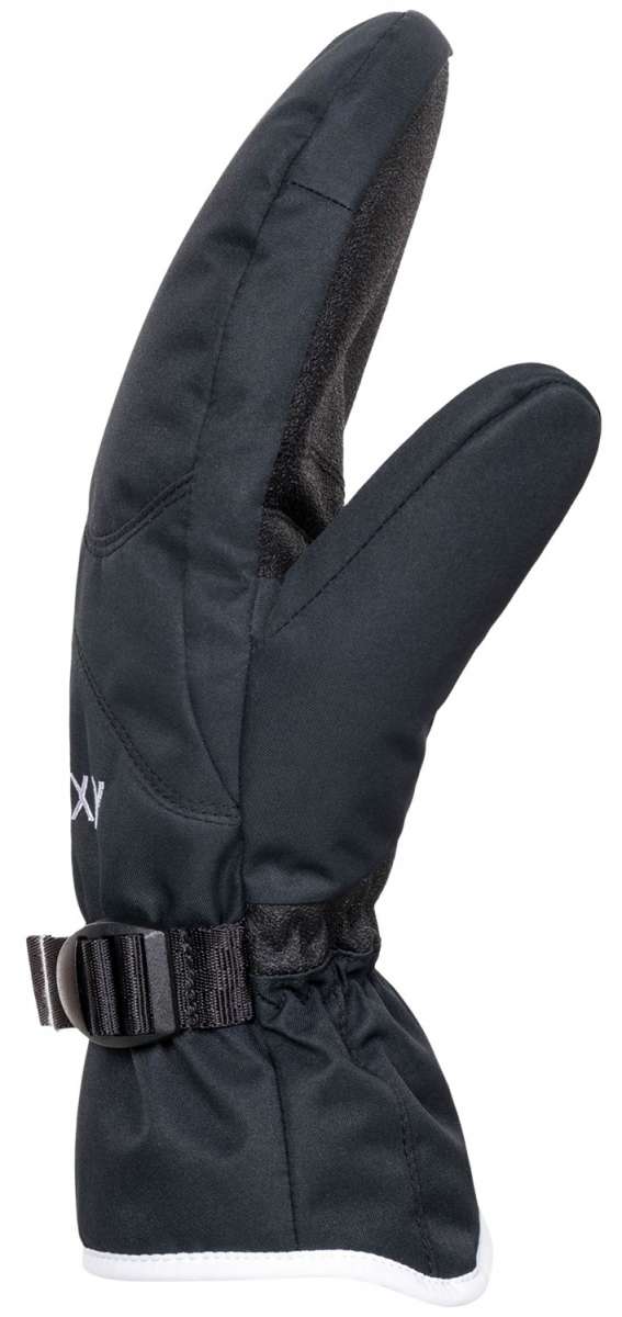 Roxy Women's Jetty Solid Mittens - Pair of black mittens with a solid pattern, featuring a strap and buckle on the wrist.