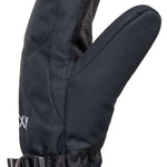 Roxy Women's Jetty Solid Mittens - Pair of black mittens with a solid pattern, featuring a strap and buckle on the wrist.