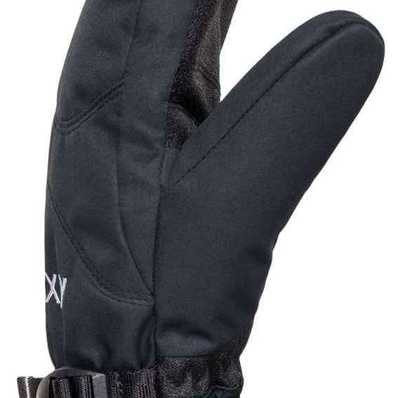 Roxy Women's Jetty Solid Mittens - Pair of black mittens with a solid pattern, featuring a strap and buckle on the wrist.
