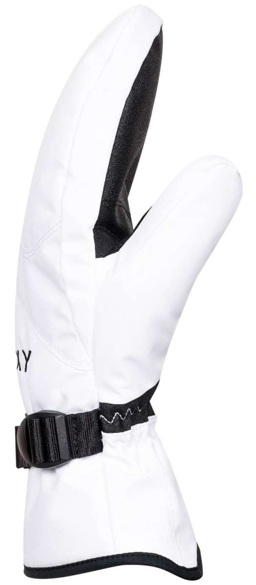 Roxy Women's Jetty Solid Mittens - White mittens with black trim and a black strap on the wrist.