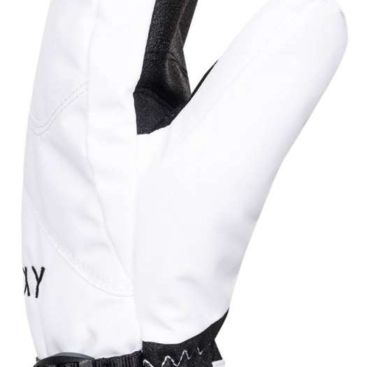 Roxy Women's Jetty Solid Mittens - White mittens with black trim and a black strap on the wrist.