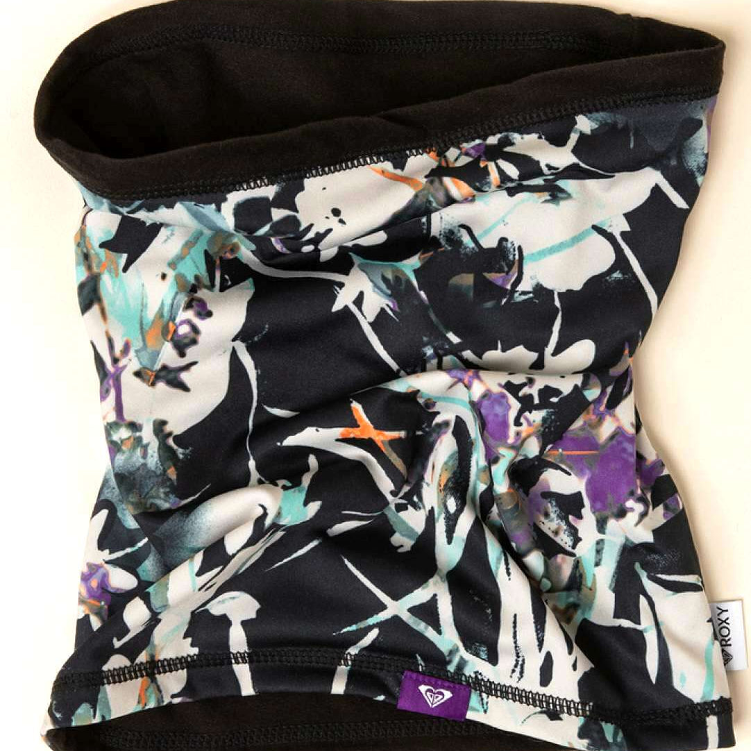 Roxy Women's Lana Collar - A black, white, purple, and orange abstract floral patterned neck warmer with a black trim.