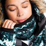 Roxy Women's Lana Collar - A black jacket with a white floral pattern and a fur-lined hood.