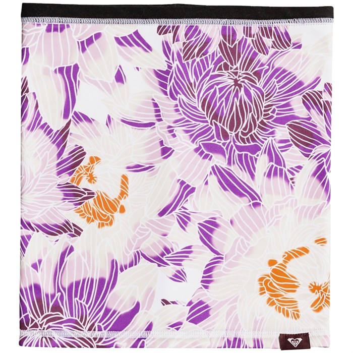 Roxy Women's Lana Collar 2022 - A purple floral patterned neck warmer with a white background and orange accents.