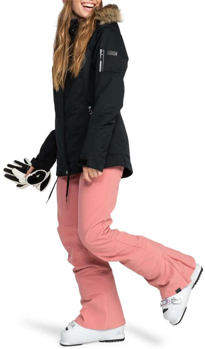 Roxy Women's Meade Insulated Jacket - A black jacket with a fur-lined hood and silver zipper.