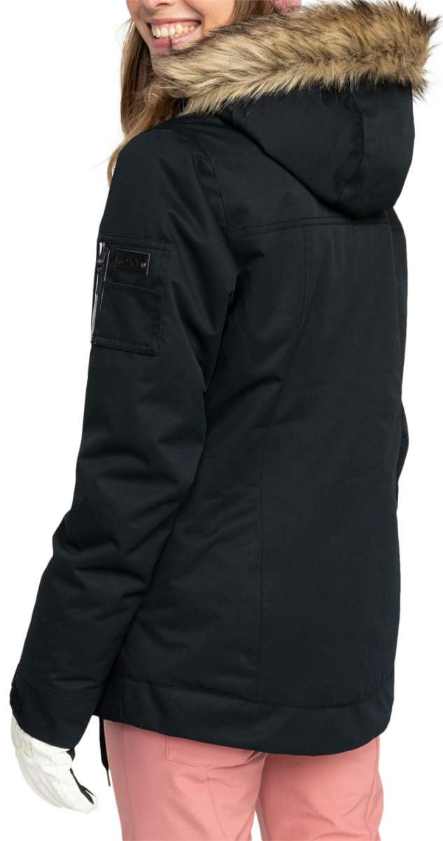 Roxy Women's Meade Insulated Jacket - A black jacket with a fur-lined hood and a small rectangular patch on the left sleeve.