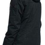 Roxy Women's Meade Insulated Jacket - A black jacket with a fur-lined hood and a small rectangular patch on the left sleeve.