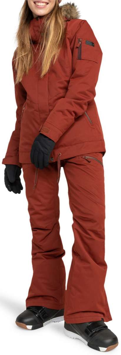 Roxy Women's Meade Insulated Jacket - A rust-colored jacket with a fur-lined hood and zippered pockets.