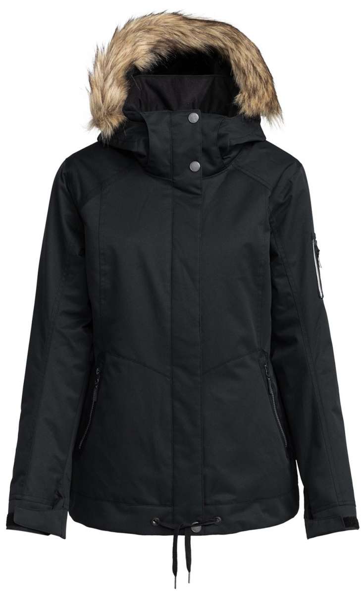 Roxy Women's Meade Insulated Jacket - A black insulated jacket with a fur-lined hood and silver snap buttons down the front.