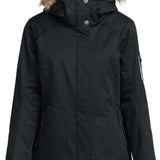 Roxy Women's Meade Insulated Jacket - A black insulated jacket with a fur-lined hood and silver snap buttons down the front.