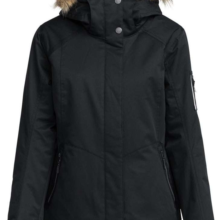 Roxy Women's Meade Insulated Jacket - A black insulated jacket with a fur-lined hood and silver snap buttons down the front.