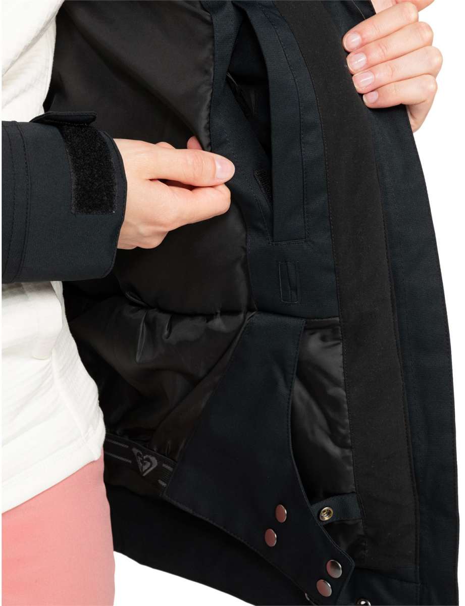Roxy Women's Meade Insulated Jacket - A black insulated jacket with a zippered chest pocket and two side pockets, featuring a hood and adjustable cuffs.