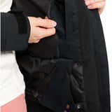 Roxy Women's Meade Insulated Jacket - A black insulated jacket with a zippered chest pocket and two side pockets, featuring a hood and adjustable cuffs.