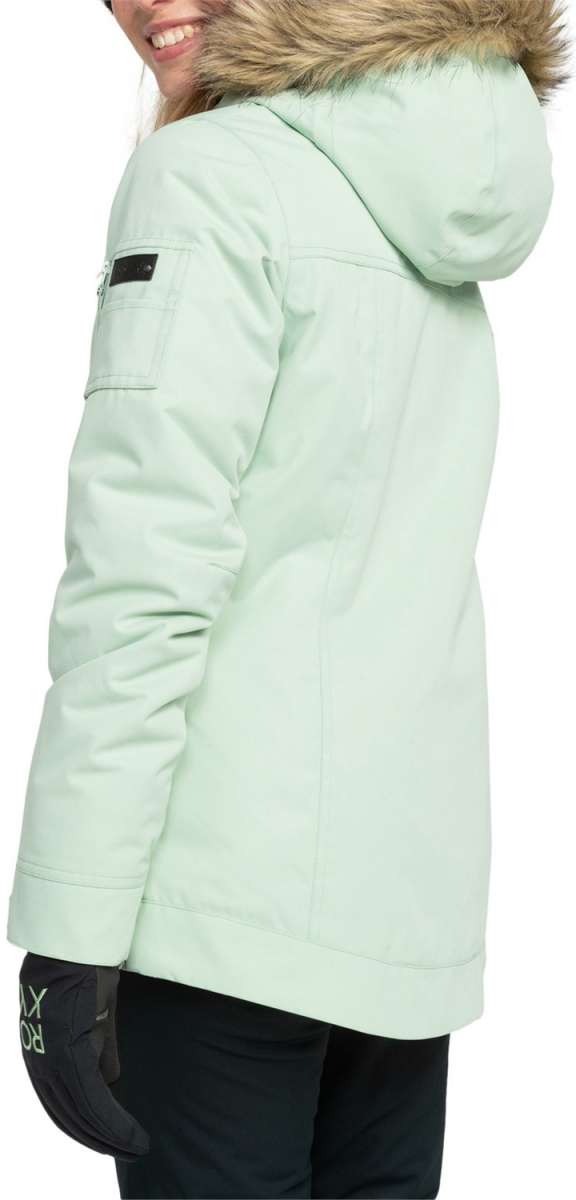 Roxy Women's Meade Insulated Jacket 2024 - A mint green jacket with a fur-lined hood and black hardware.