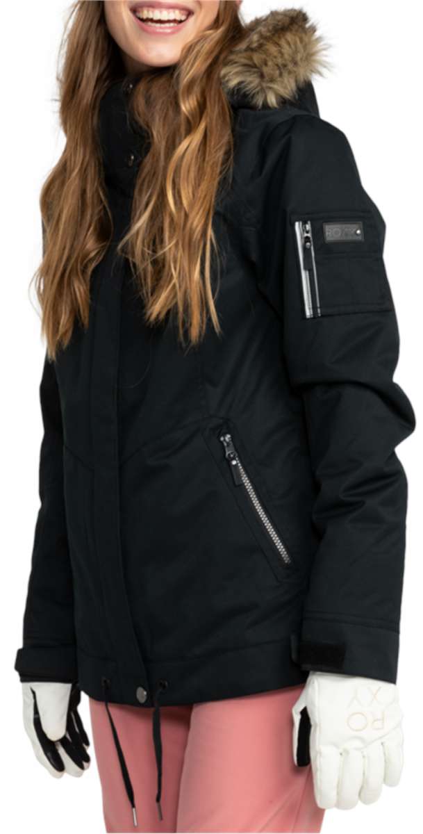 Roxy Women's Meade Insulated Jacket - A black jacket with a fur-lined hood and silver zipper.