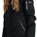 Roxy Women's Meade Insulated Jacket - A black jacket with a fur-lined hood and silver zipper.