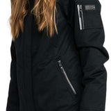 Roxy Women's Meade Insulated Jacket - A black jacket with a fur-lined hood and silver zipper.