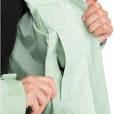 Roxy Women's Meade Insulated Jacket - A mint green jacket with a zippered chest pocket and two side pockets, worn by a model against a white background.