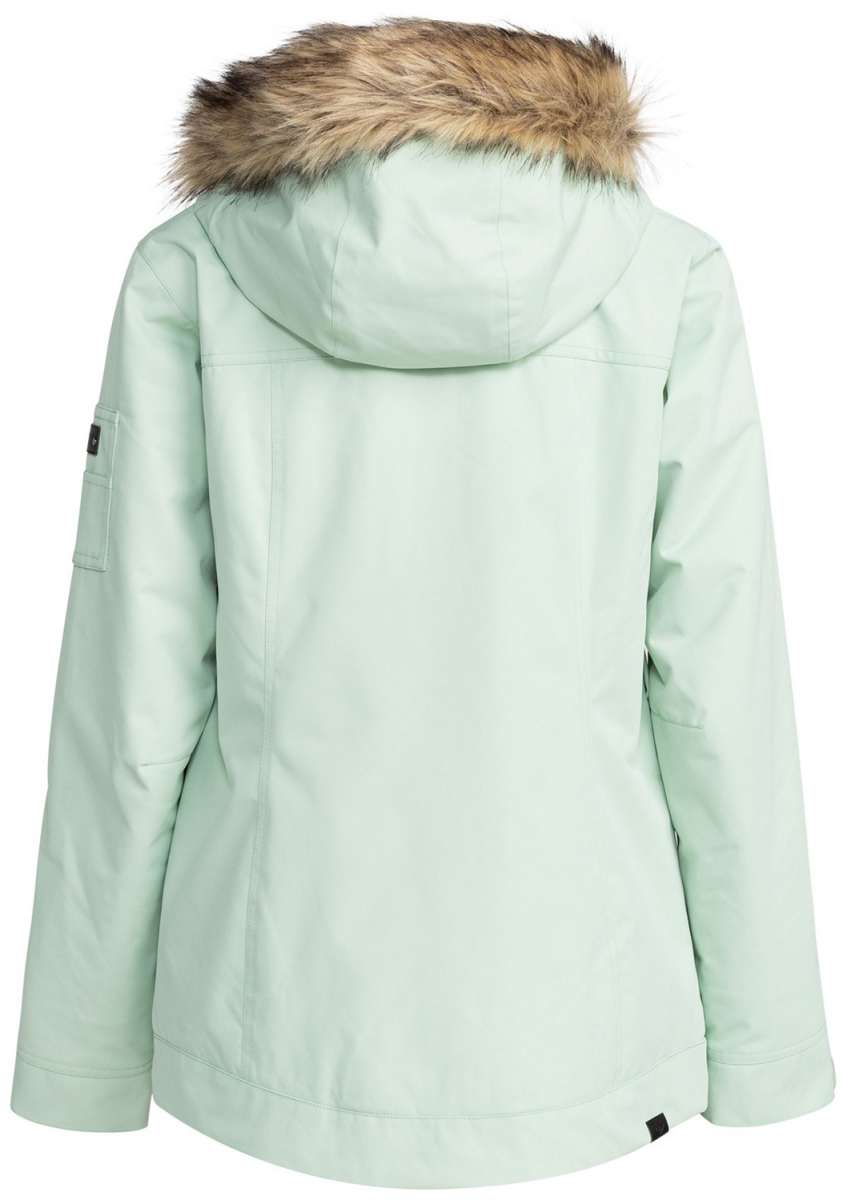 Roxy Women's Meade Insulated Jacket 2024 - A mint green jacket with a fur-lined hood and zippered pockets.