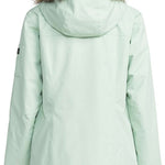 Roxy Women's Meade Insulated Jacket 2024 - A mint green jacket with a fur-lined hood and zippered pockets.