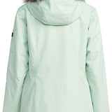 Roxy Women's Meade Insulated Jacket 2024 - A mint green jacket with a fur-lined hood and zippered pockets.