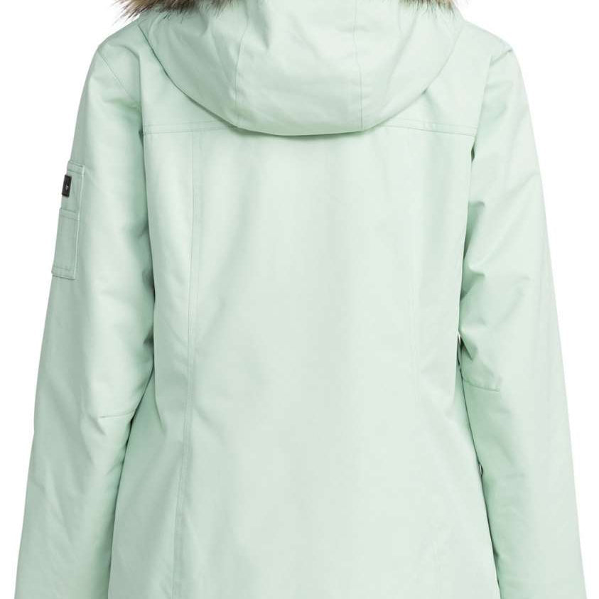 Roxy Women's Meade Insulated Jacket 2024 - A mint green jacket with a fur-lined hood and zippered pockets.