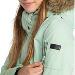 Roxy Women's Meade Insulated Jacket 2024 - A mint green jacket with a fur-lined hood and silver snap buttons.