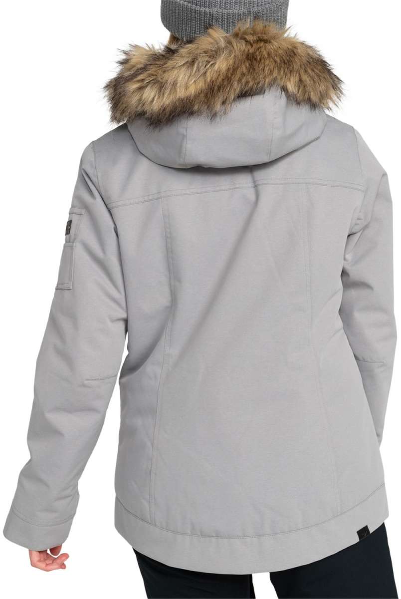 Roxy Women's Meade Insulated Jacket - A light gray jacket with a fur-lined hood and two zippered pockets on either side.