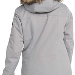 Roxy Women's Meade Insulated Jacket - A light gray jacket with a fur-lined hood and two zippered pockets on either side.