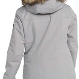 Roxy Women's Meade Insulated Jacket - A light gray jacket with a fur-lined hood and two zippered pockets on either side.