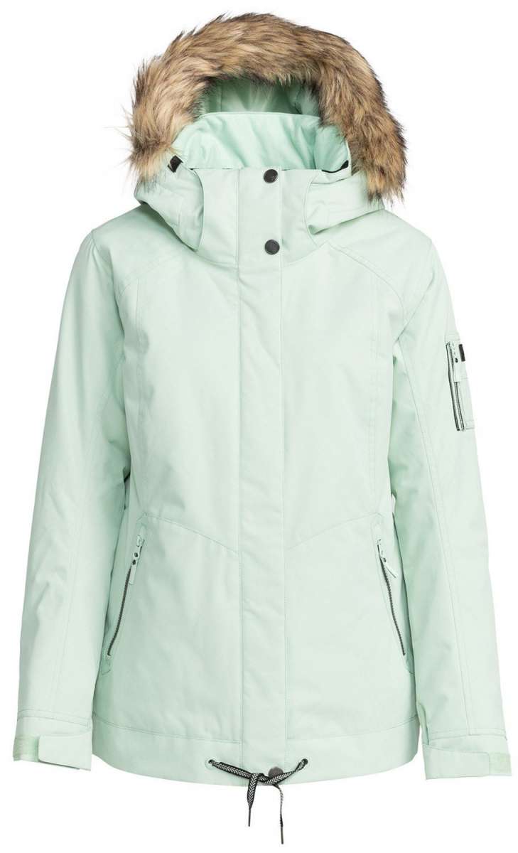 Roxy Women's Meade Insulated Jacket 2024 - A mint green jacket with a fur-lined hood and black buttons down the front.