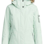 Roxy Women's Meade Insulated Jacket 2024 - A mint green jacket with a fur-lined hood and black buttons down the front.