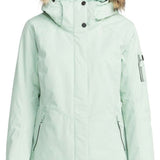 Roxy Women's Meade Insulated Jacket 2024 - A mint green jacket with a fur-lined hood and black buttons down the front.