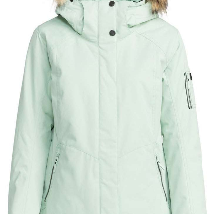 Roxy Women's Meade Insulated Jacket 2024 - A mint green jacket with a fur-lined hood and black buttons down the front.