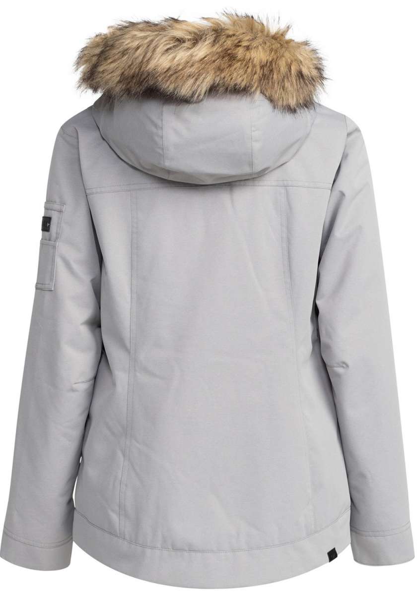 Roxy Women's Meade Insulated Jacket - A light gray jacket with a fur-lined hood and two zippered pockets on either side.